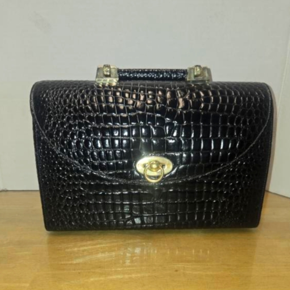 Elegant Black Crocodile-Embossed Women's Doctor Bag. Gold hardware.